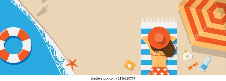 Girl on the beach in a bikini on the sea or ocean in summer. Sun protection, sunscreen and sunscreen advertising design, top view. Cosmetic banner, vector illustration