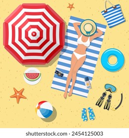 Girl on the beach with a bikini. Summer time. Beautiful woman wearing lying on the beach on a white and blue striped towel. Vector illustration in flat style