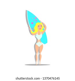 Girl on Beach carries a Surfboard. Cartoon poster for summer sport activity and sea leisure hobby. Vector  Illustration on  white background.