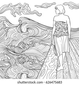 The girl on the beach. Coloring book for adults. Beautiful fashion women. Black and white in zentangle style. Sea, couds, waves,  Marine theme. Vector illustration. Outline.