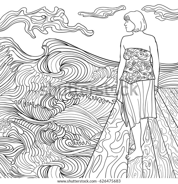 The girl on the beach. Coloring book for adults. Beautiful fashion