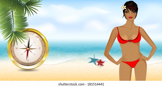 girl on the beach with compass