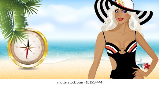 girl on the beach with compass