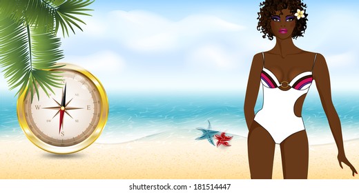 girl on the beach with compass