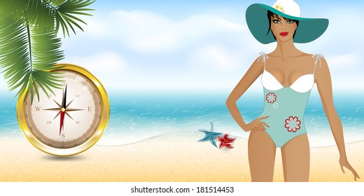 girl on the beach with compass
