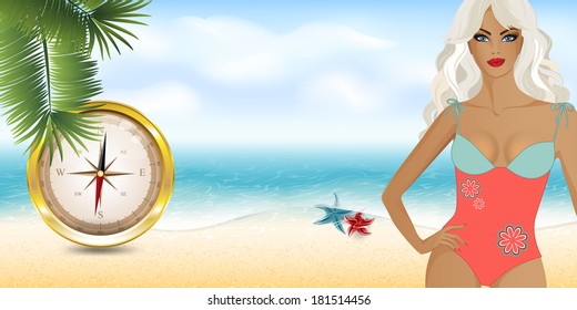girl on the beach with compass