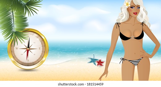 girl on the beach with compass