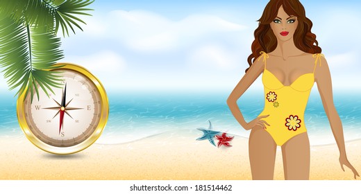girl on the beach with compass