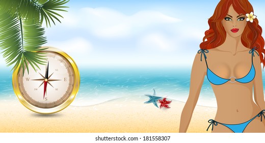 girl on the beach with compass