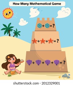 Mädchen am Strand. Zählung des Unterrichtsblattes in Meeres- und Sommerthema. Vektorgrafik.
