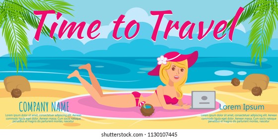 Girl on Beach with Laptop. Woman is drinking Cocktail by Sea on Sunny Day. Internet on Beach. Remote Work. Recreation and Work on Coast. Leisure at Sea.. Vector Illustration.