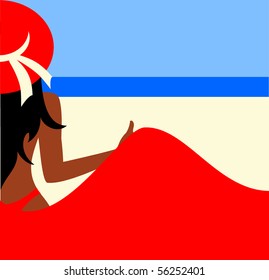 Girl on the beach with a large mantle, vector