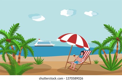 Girl on the beach, in a lounge chair on the beach