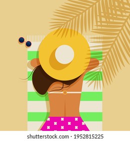Girl on the beach. Pink swimsuit and yellow hat.Tropical trees. Summer mood. Cute vector illustration in flat style.