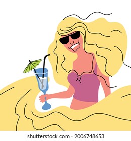 The girl on the beach is resting with a soft drink. Cheerful summer vacation. Illustration in flat graphic style.
