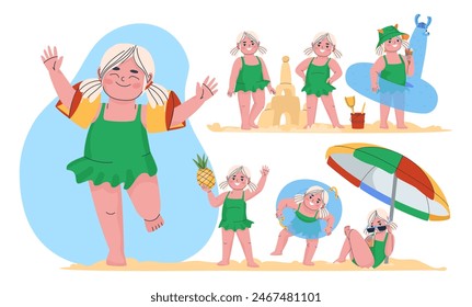 Girl on the beach. Set of vector illustrations. A child plays on the beach. Sand castle. Baby in an inflatable ring. Ice cream in a cone. Flat style