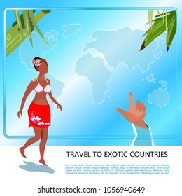 Girl on the beach in a short skirt. Palm trees on the beach. Traveling on the sea. A poster for a travel agency. Vector illustration.

