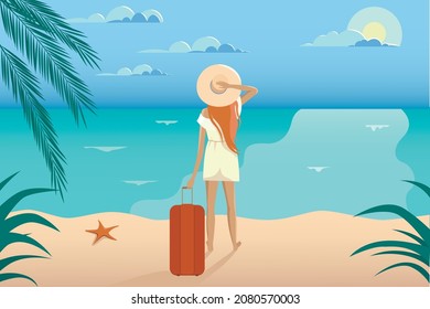Girl on the beach with a suitcase. Vector illustration.