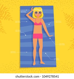 Girl on the beach in summer. 
Vector. Cartoon. Isolated art on white background. Flat
