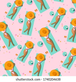 Girl on the beach. Sunbathing. Vector flat random pattern