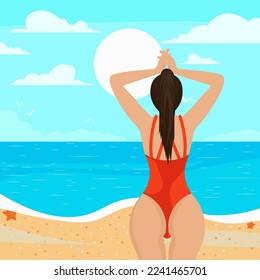 Girl on the beach sunbathing, vector illustration