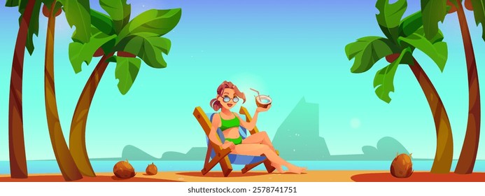 Girl on the beach in sunglasses sitting on a chaise longue, with a cocktail. Rest on the sea with palm trees. Summer vacation, vector, cartoon