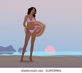 Girl on the beach at sunset. Vector.