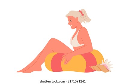 Girl on the beach with swim ring. Inflatable rubber mattress, wearing bikini swimwear, relaxing summer vacation vector illustration
