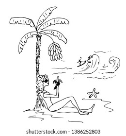 Girl on the beach under a palm tree eating a banana. Vector illustration.
