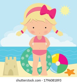 Girl on the beach vector cartoon illustration
