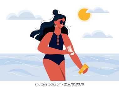 Girl on beach. Woman applies cream on skin, tourist in tropical and exotic countries. Rest on vacation, character in sunglasses sunbathing. Summer or spring season. Cartoon flat vector illustration