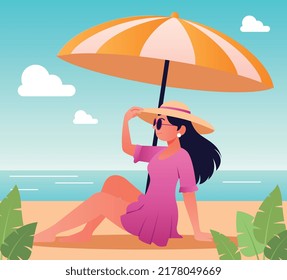 Chica en la playa. Mujer con vestido rosa, gafas de sol y sombrero sentado bajo paraguas, protección solar. Vacaciones en países tropicales, turismo de vacaciones, viajes y aventura. Dibujo vectorial plano de dibujos animados