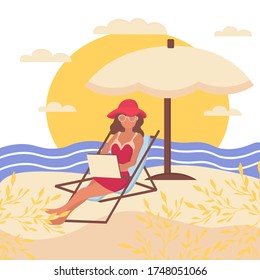 A girl on the beach working with a laptop. A girl in a beach suit and hat is sitting on a sunbed. Vector illustration of remote work. Freelance. Flat style. Summer concept for advertising.