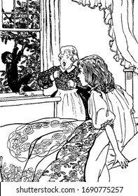 A girl on bed and woman standing near her, both looking at a boy came at window by climbing tree, vintage line drawing or engraving illustration