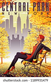 Girl on a bench in the fall in Central Park, New York. Hand made drawing vector poster.  All objects are grouped and divided into layers. svg
