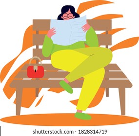 A girl on a bench in the Park reading a newspaper spread, a girl with a newspaper sitting cross-legged, pastime