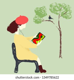 Girl on the bench watching a tablet vector illustration.