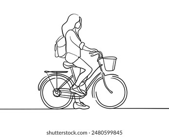 Chica en una bicicleta con una mochila de arte de línea continua dibujo aislado sobre fondo blanco. Ilustración vectorial. 