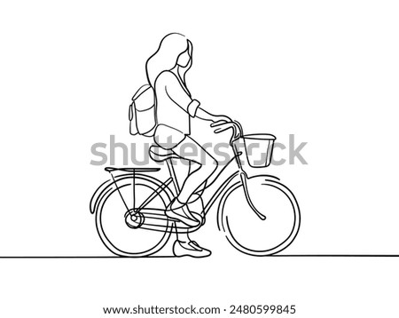 Girl on a bicycle with a backpack continuous line art drawing isolated on white background. Vector illustration. 