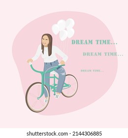 girl on a bicycle with balloons, a girl rides to meet dreams