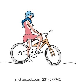 Girl bicycle continuous line colourful vector illustration