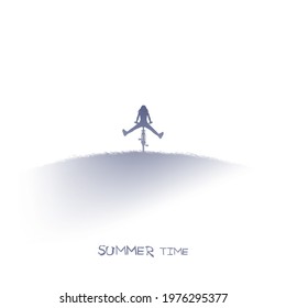 Girl on bicycle. Cyclist with legs apart. Isolated blue silhouette