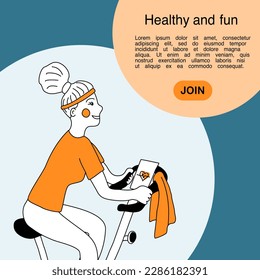 Girl on bicycle doing spinning sport activities or fitness class, doodle vector flayer for gym