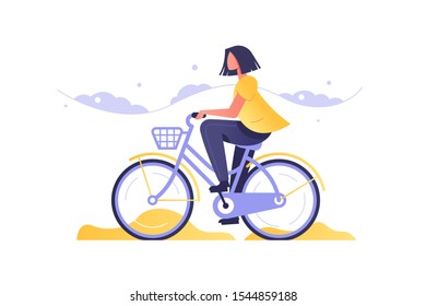 Girl on bicycle going by road vector illustration. Woman character in casual clothes riding bike outdoor flat style concept. Biker female active resting and healthy lifestyle