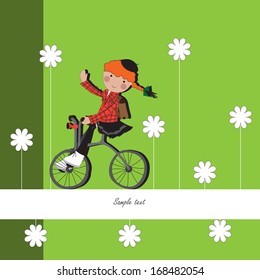 Girl on a bicycle on a green background with daisies