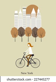 Girl on a bicycle in New York. Vector