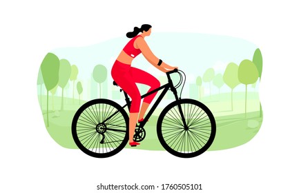 Girl on a bicycle in the park. Sport Activities and Healthy Lifestyle. Woman Cartoon Character. Vector Illustration