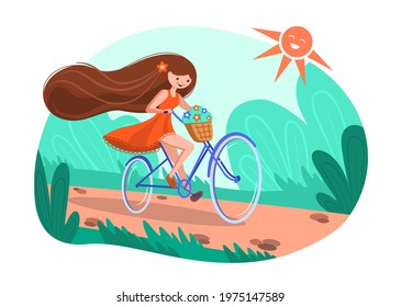 A girl on a bicycle, a red dress, a basket of flowers and flying long hair. Cheerful summer vector illustration girl riding a bike