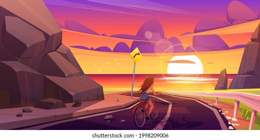 Girl on bicycle riding mountain road at dusk seascape view. Young woman bike trip, travel at highway with beautiful seaview landscape. Journey to ocean at summer holidays, cartoon vector illustration