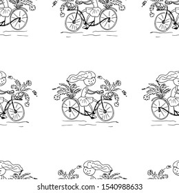 Girl on a Bicycle. Seamless pattern. Line drawing. Vector illustration.